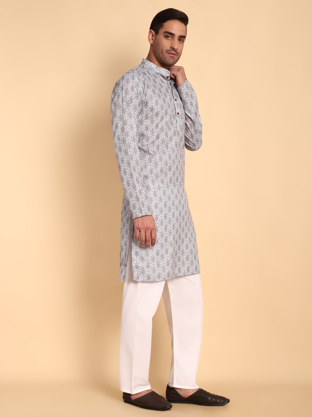 Grey Geometric Printed Cotton Kurta Pyjama