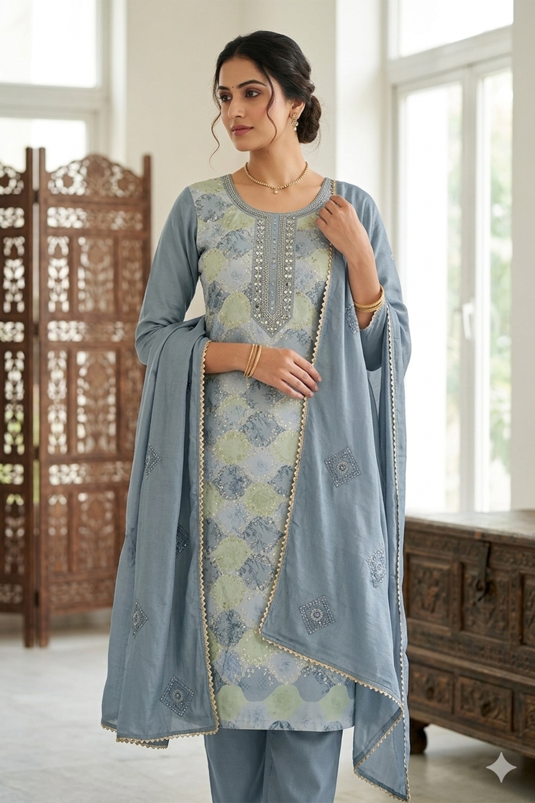 Grey Geometric Printed Muslin Straight Pant Suit