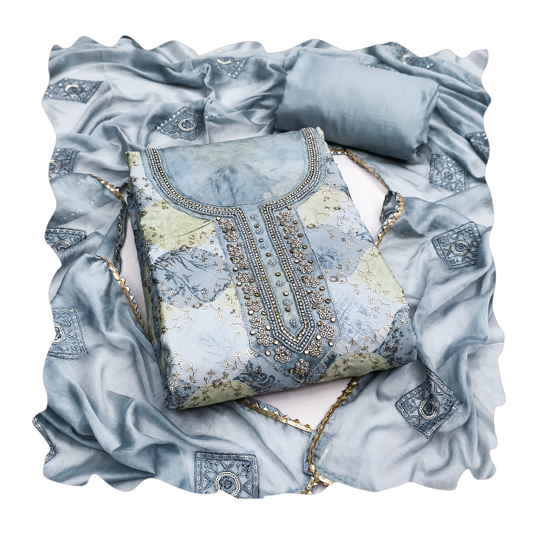 Grey Geometric Printed Muslin Straight Pant Suit — alternate view