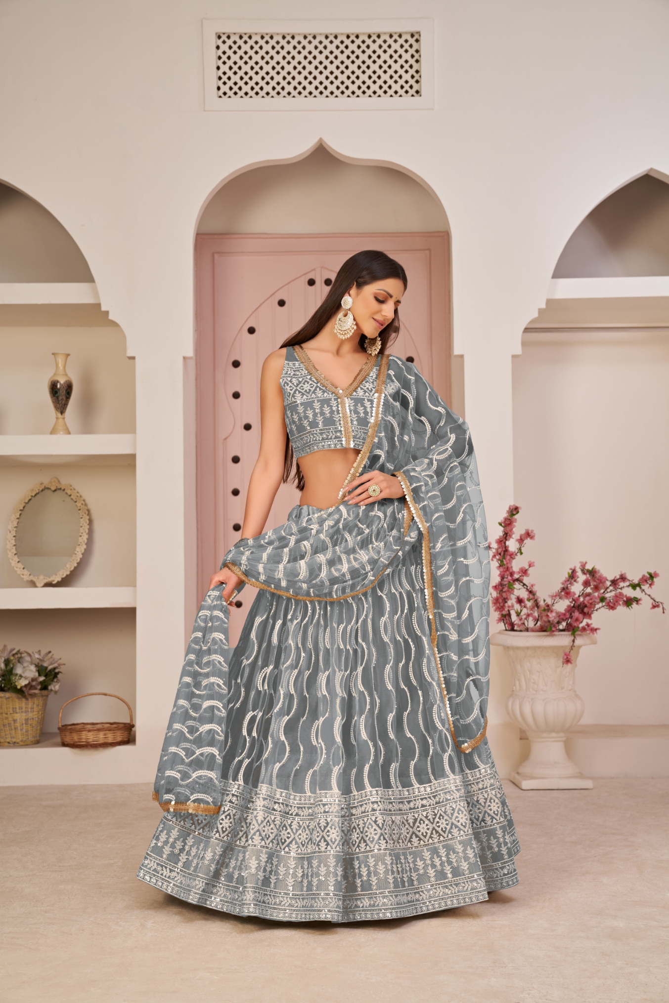 Grey Geometric Thread Butterfly Net Flared Lehenga Choli