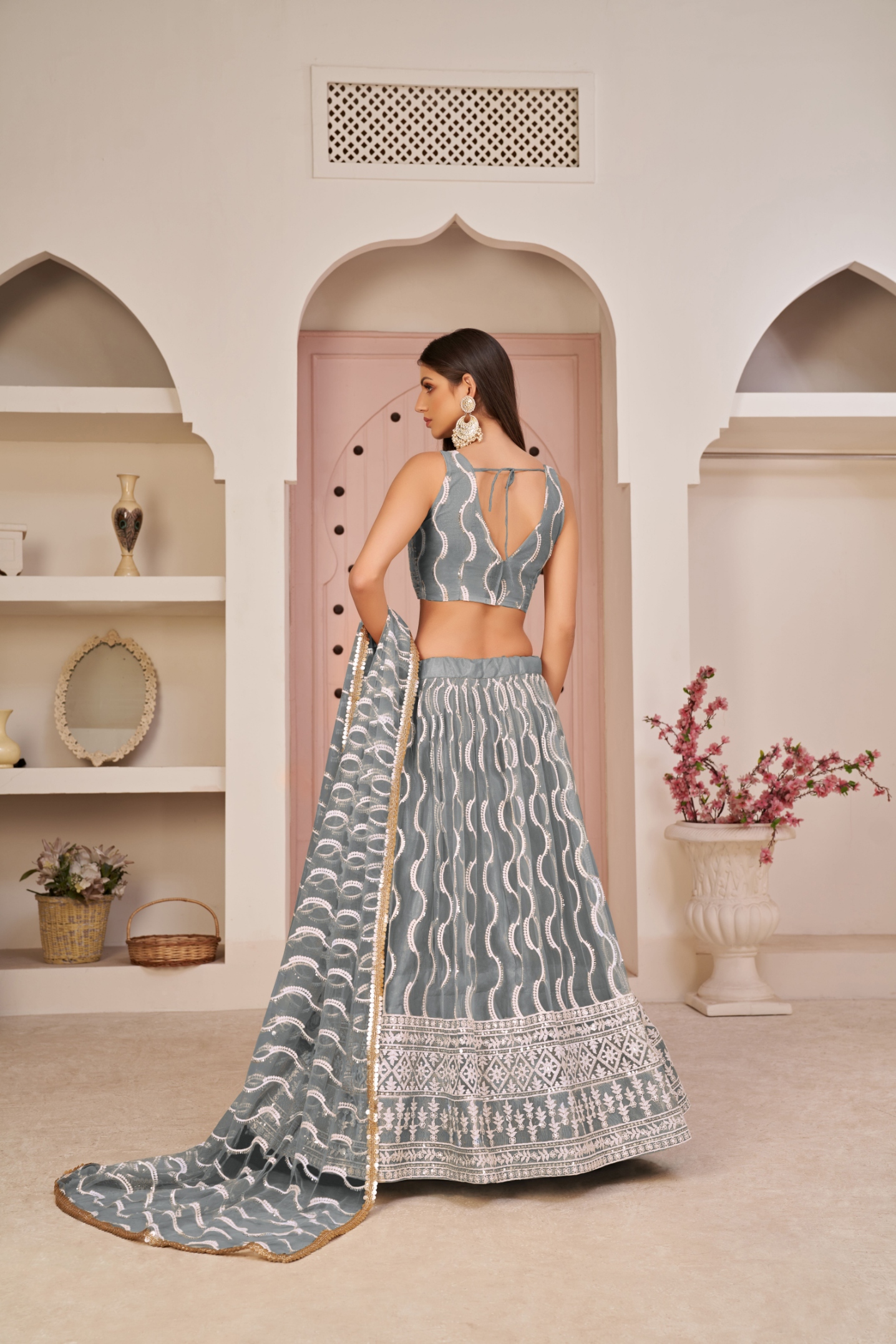 Grey Geometric Thread Butterfly Net Flared Lehenga Choli — alternate view