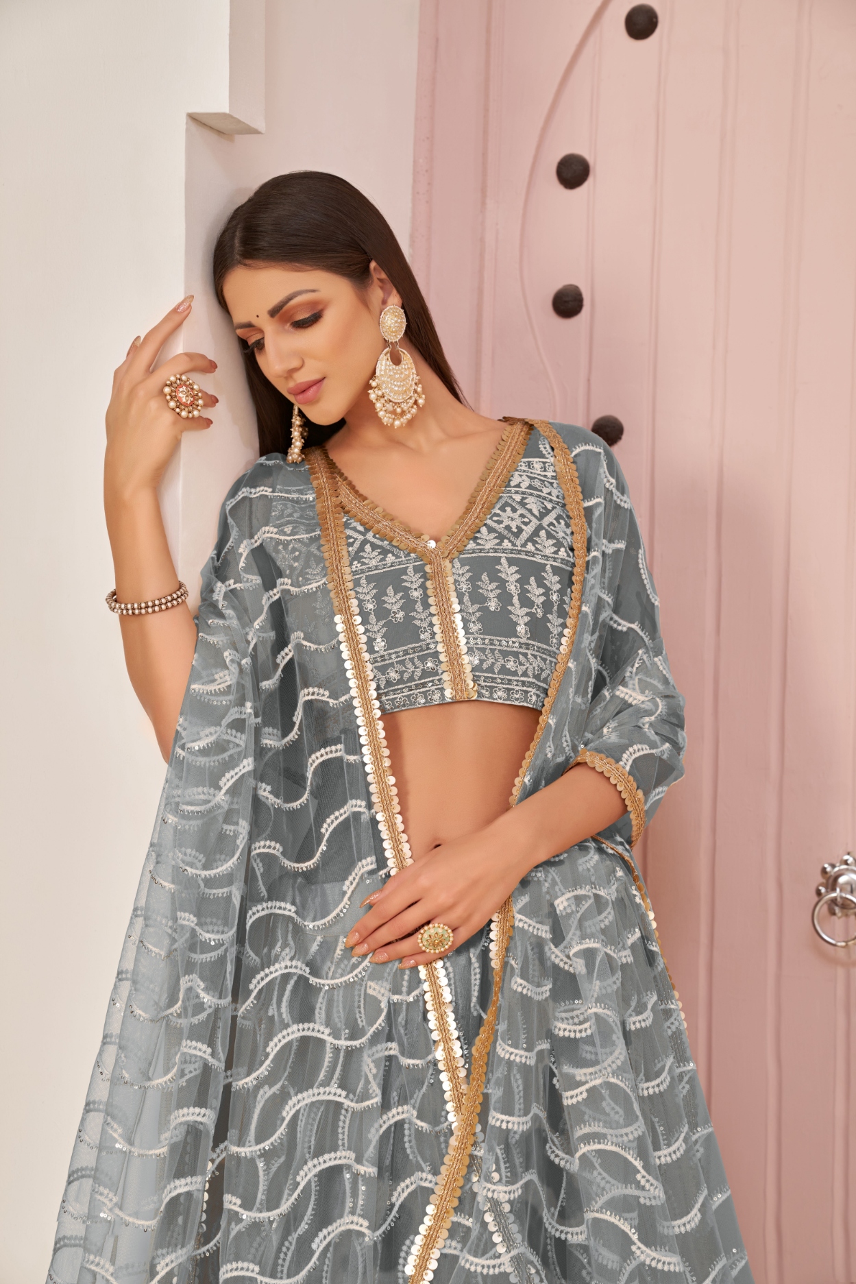 Grey Geometric Thread Butterfly Net Flared Lehenga Choli