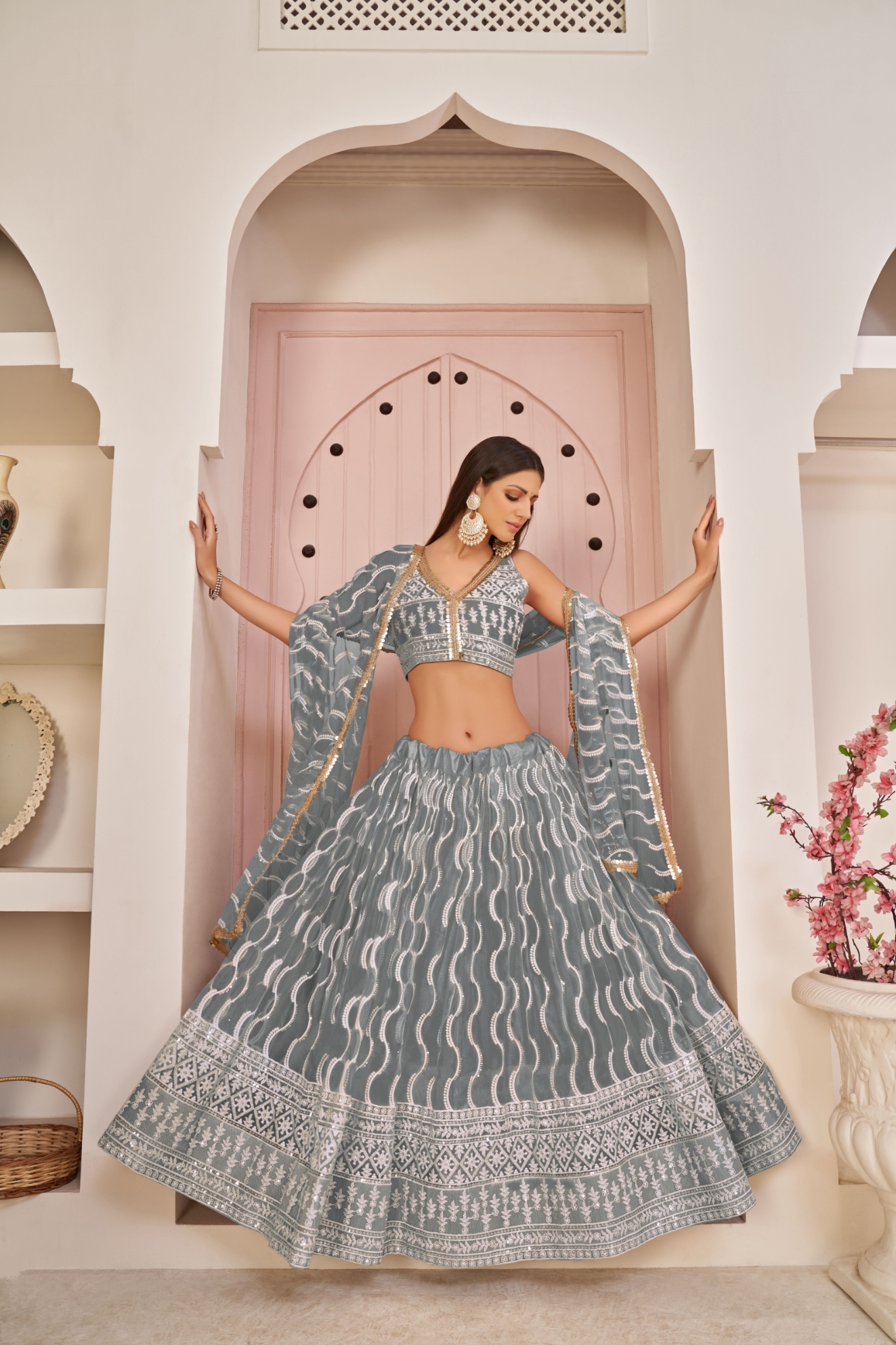 Grey Geometric Thread Butterfly Net Flared Lehenga Choli