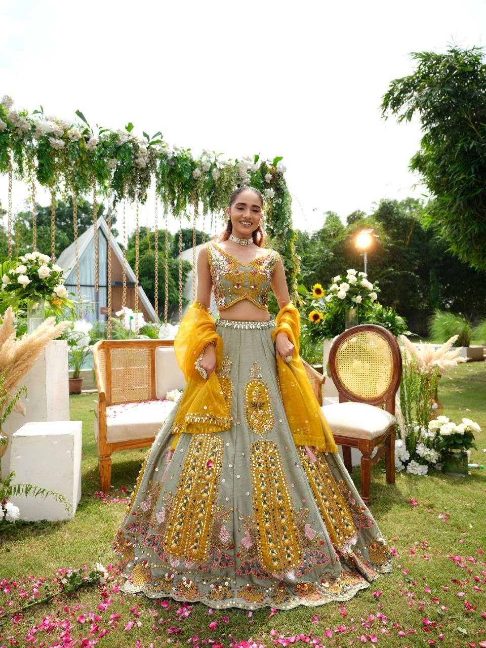 Grey Geometric Thread Embroidered Lehenga Choli