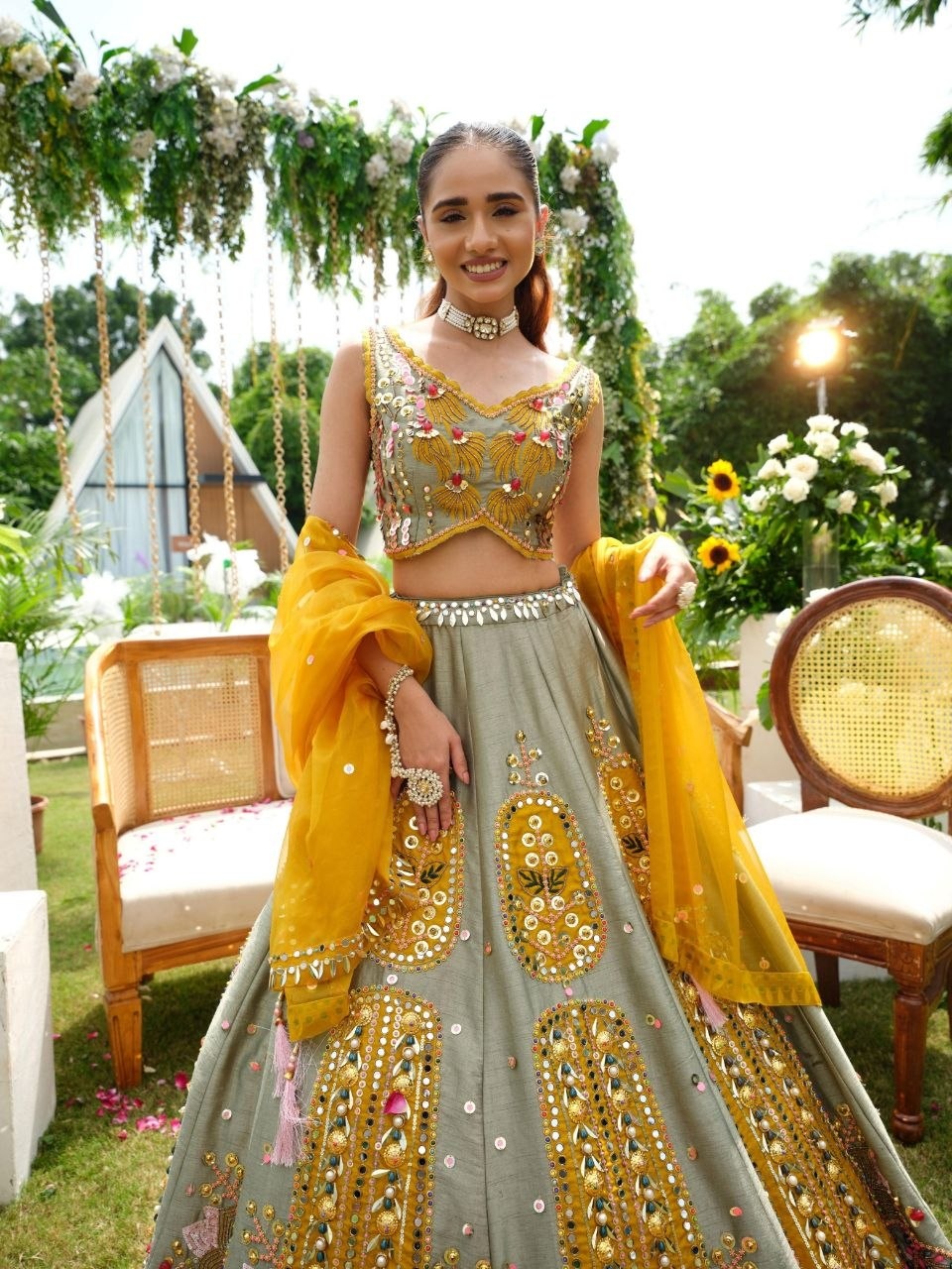 Grey Geometric Thread Embroidered Lehenga Choli — alternate view