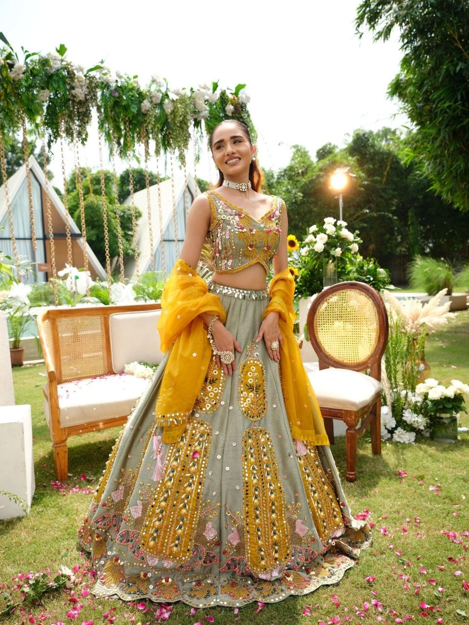 Grey Geometric Thread Embroidered Lehenga Choli