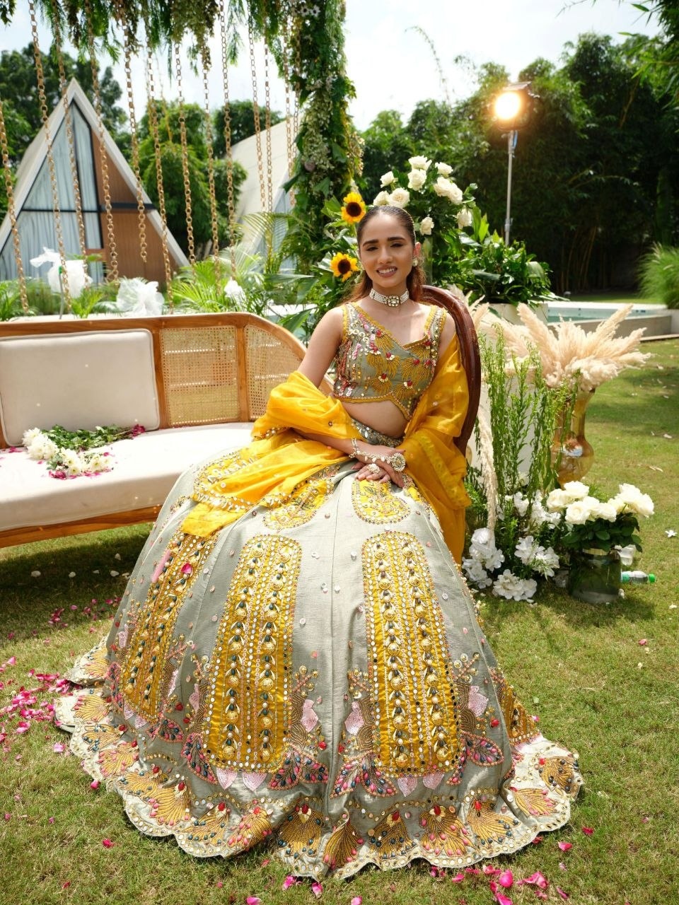 Grey Geometric Thread Embroidered Lehenga Choli