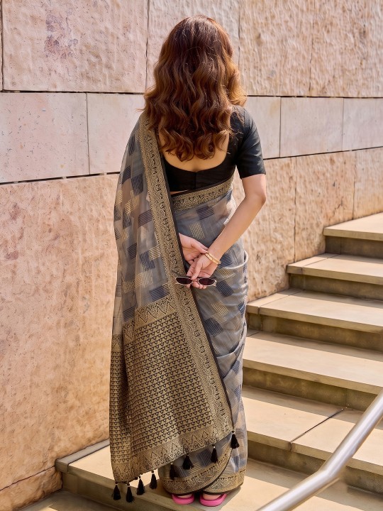 Grey Geometric Woven Designer Linen Cotton Saree — alternate view