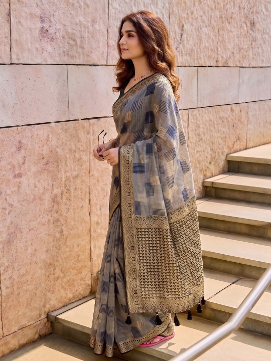 Grey Geometric Woven Designer Linen Cotton Saree