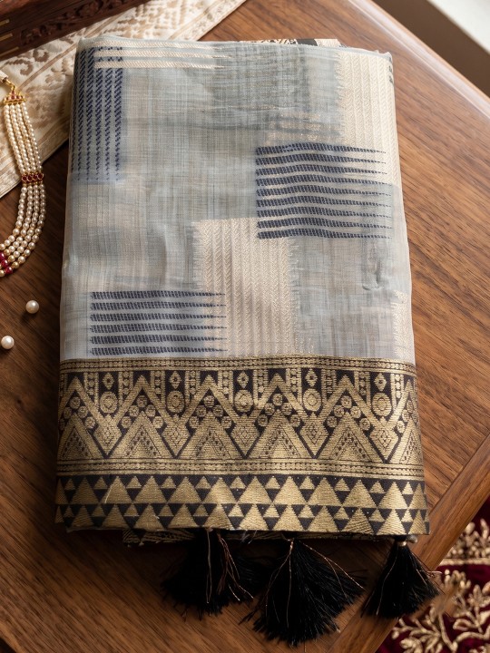 Grey Geometric Woven Designer Linen Cotton Saree