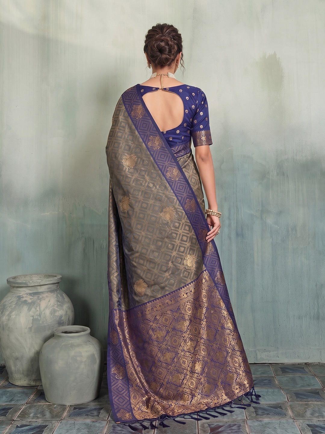 Grey Geometric Woven Designer Silk Saree — alternate view