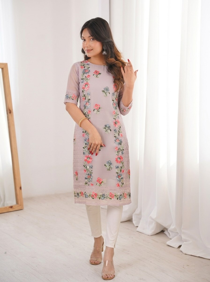 Grey Georgette Chikankari Kurti