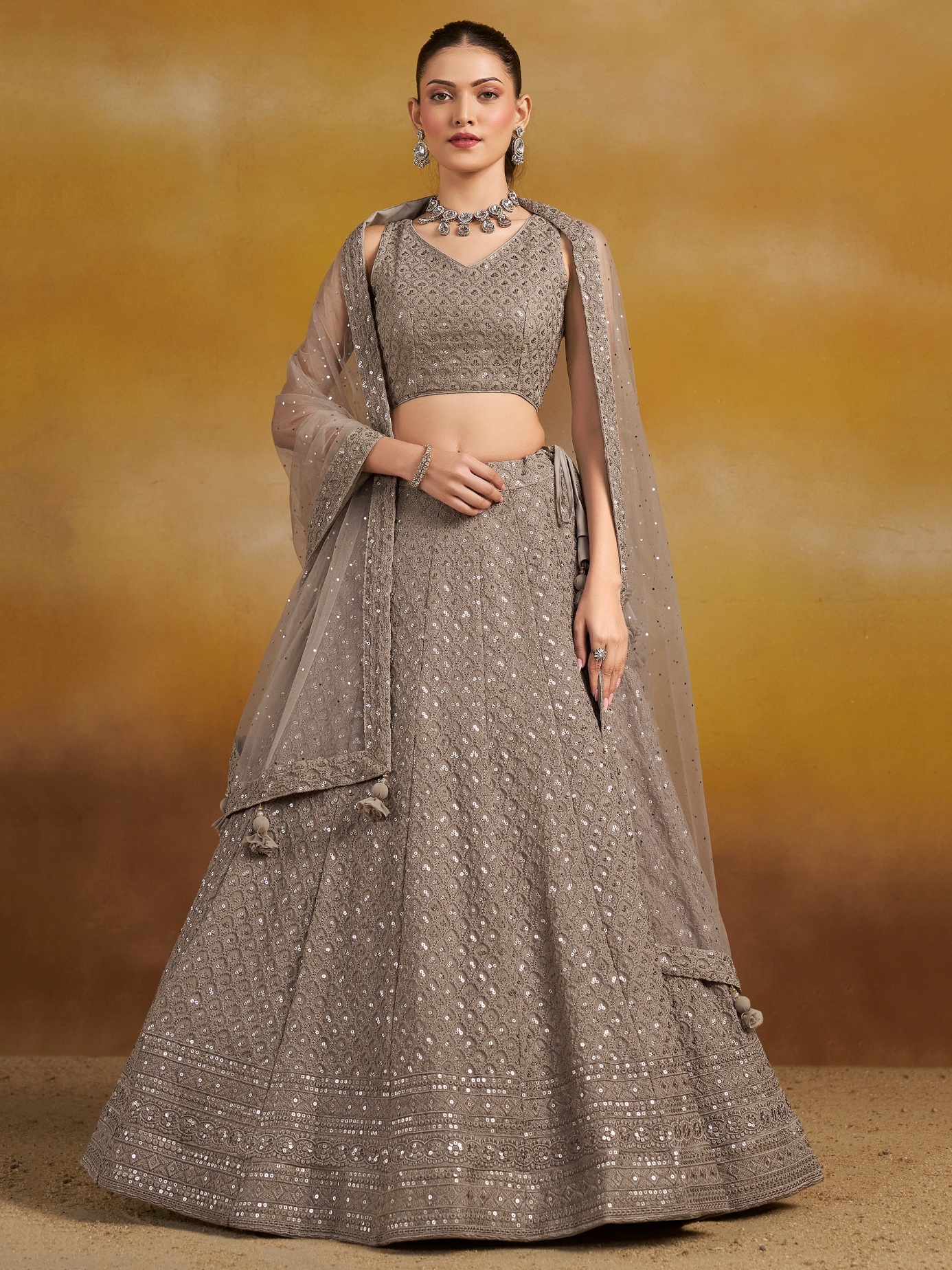 Grey Georgette Thread Sequins Embroidery Lehenga Choli
