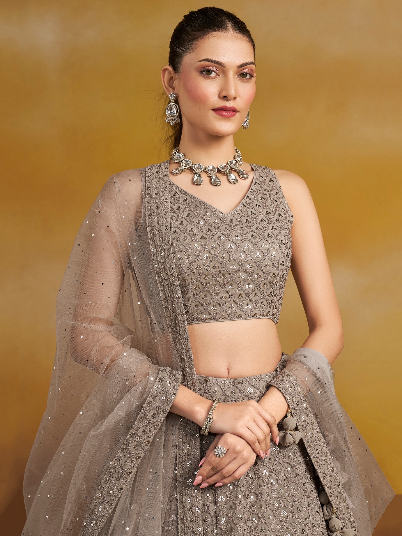 Grey Georgette Thread Sequins Embroidery Lehenga Choli