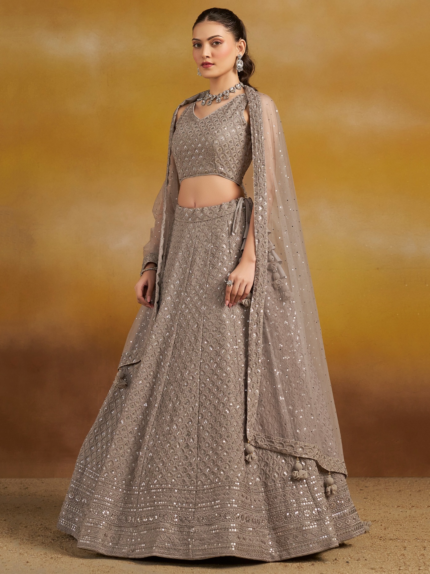 Grey Georgette Thread Sequins Embroidery Lehenga Choli