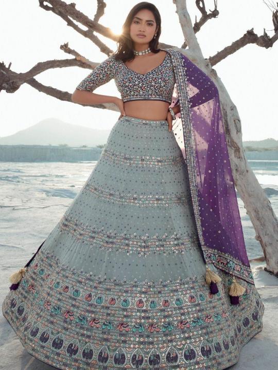 Grey Georgette Umbrella Lehenga