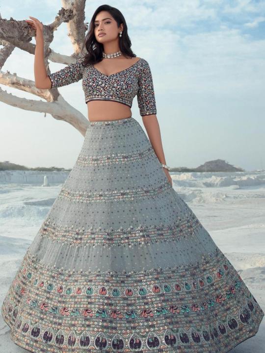 Grey Georgette Umbrella Lehenga