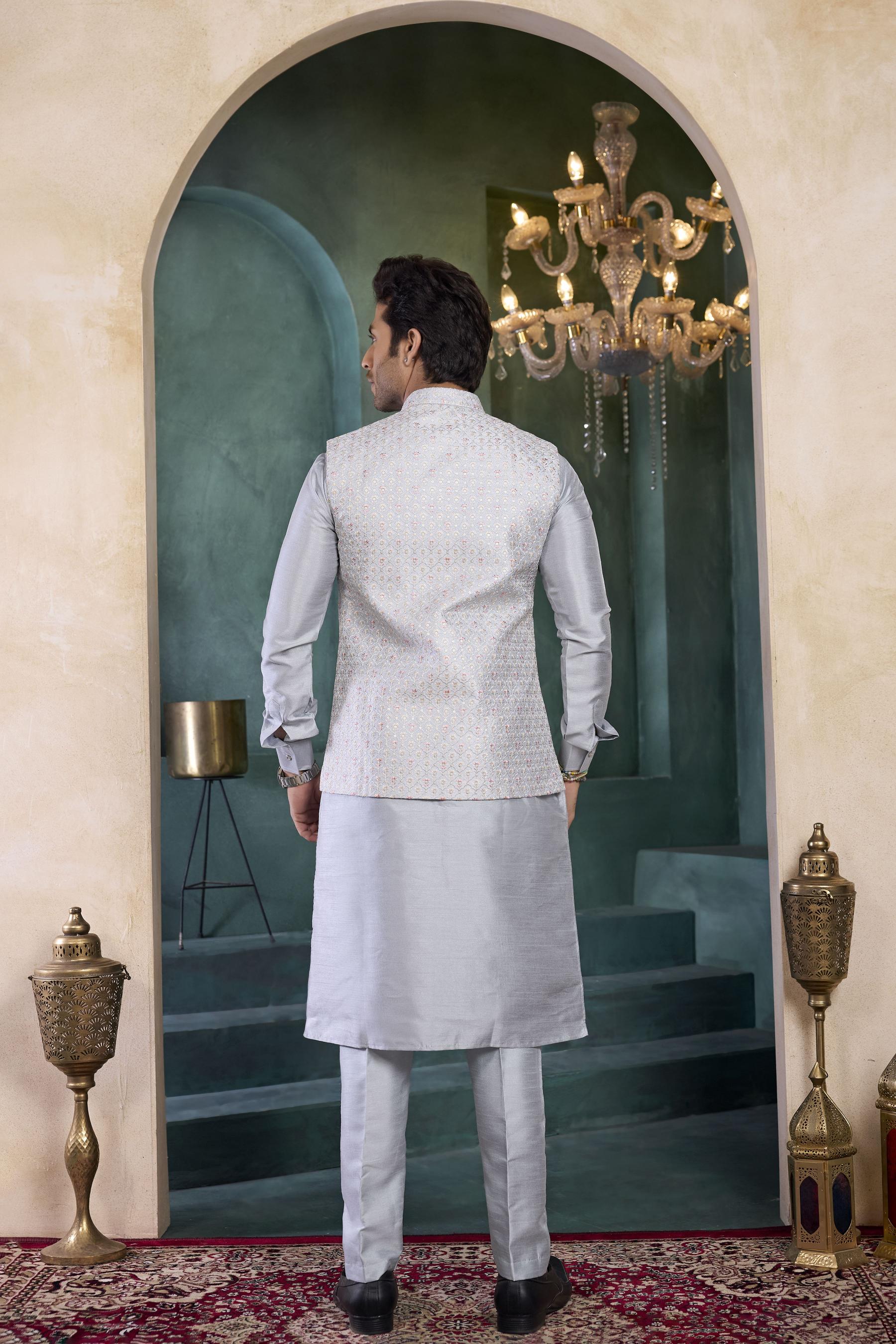 Grey Grey Banarasi Silk Kurta Pyjama — alternate view
