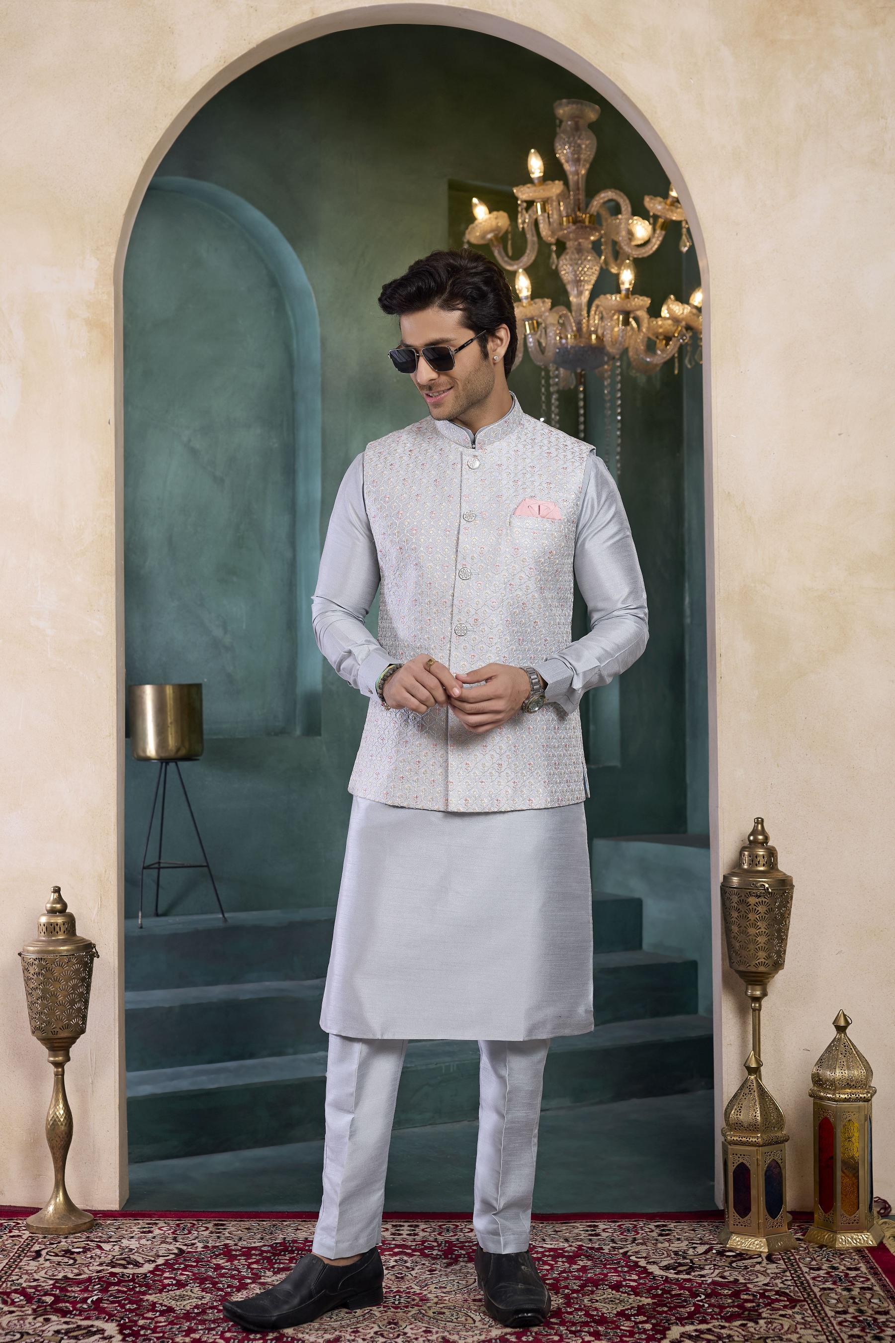 Grey Grey Banarasi Silk Kurta Pyjama