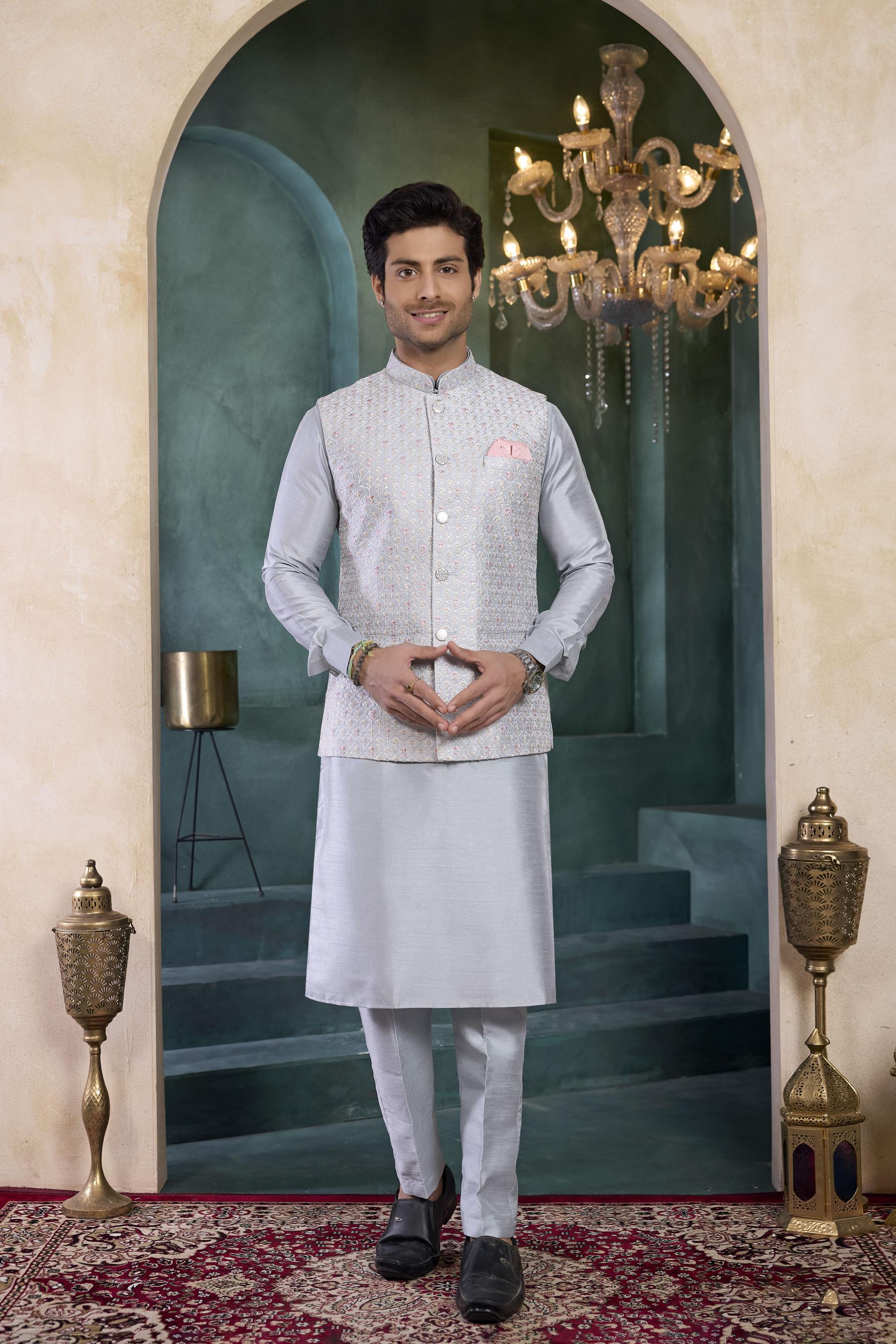 Grey Grey Banarasi Silk Kurta Pyjama