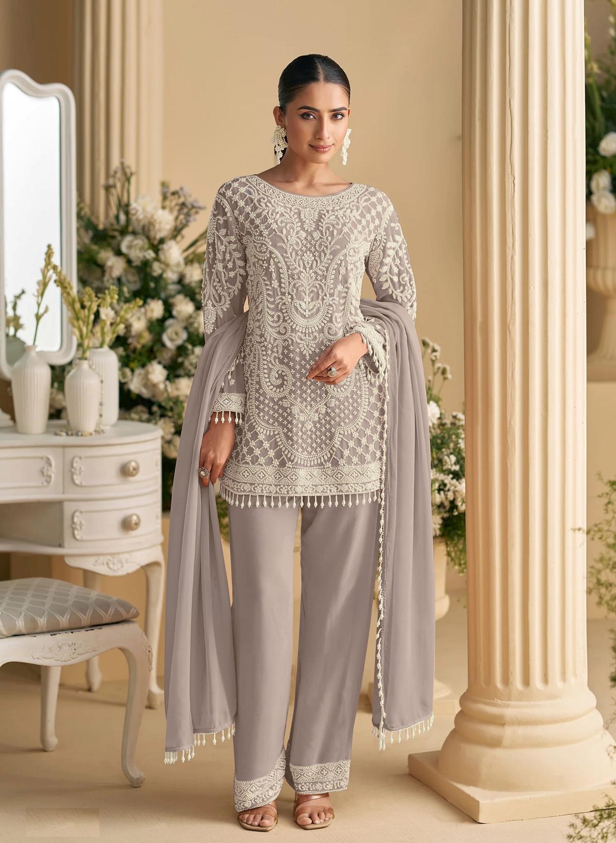 Grey Heavy Designer Embroidered Georgette Salwar Suit