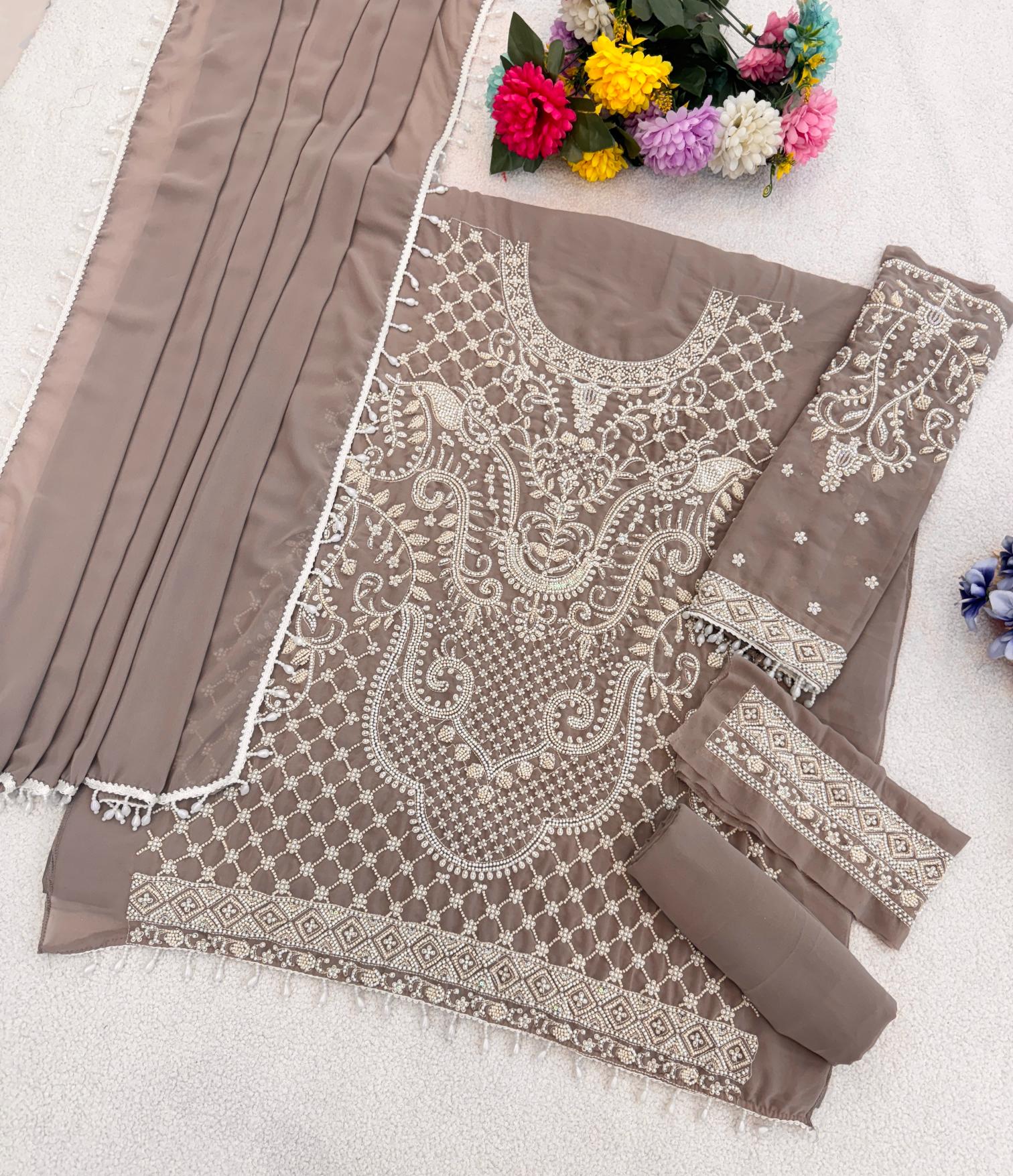 Grey Heavy Designer Embroidered Georgette Salwar Suit