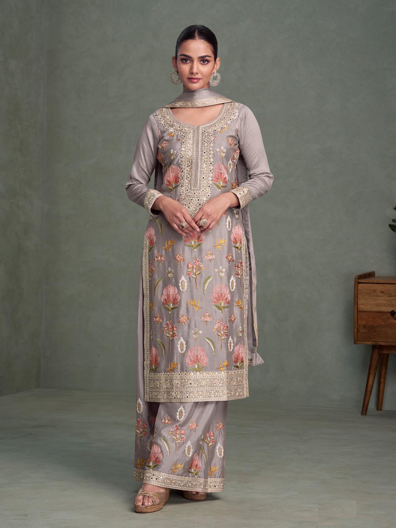 Grey Heavy Designer Embroidery Work Plazzo Suits