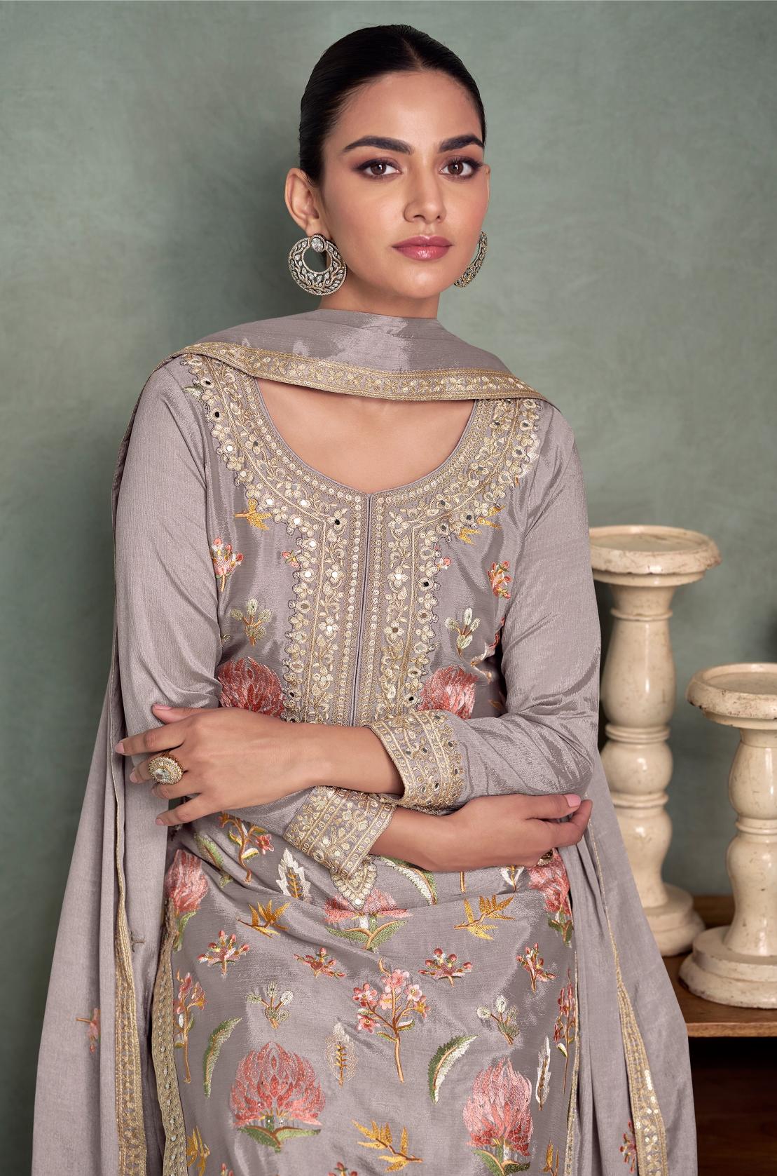 Grey Heavy Designer Embroidery Work Plazzo Suits — alternate view