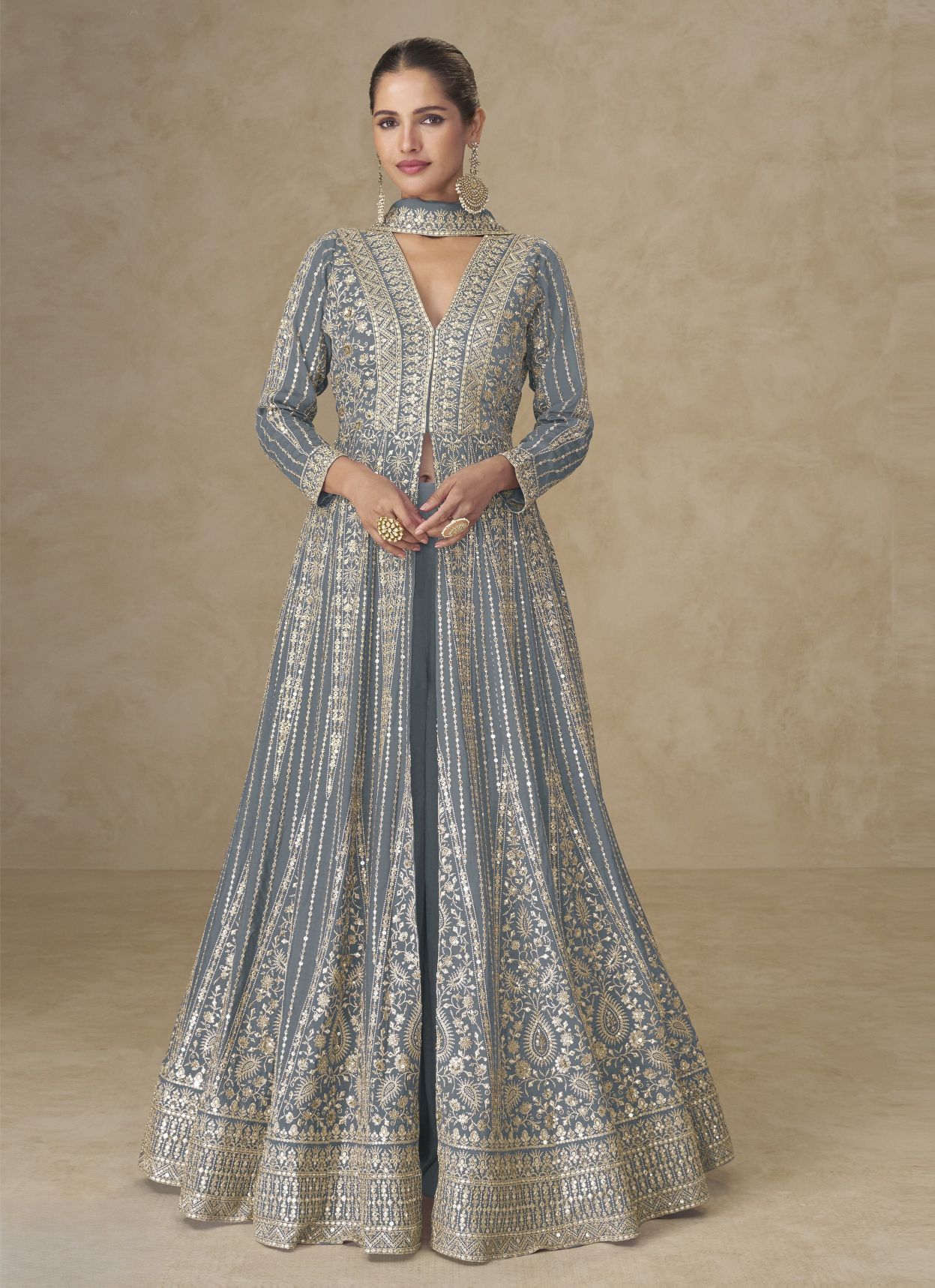 Grey Heavy Embroidered Chinon Anarkali Suit