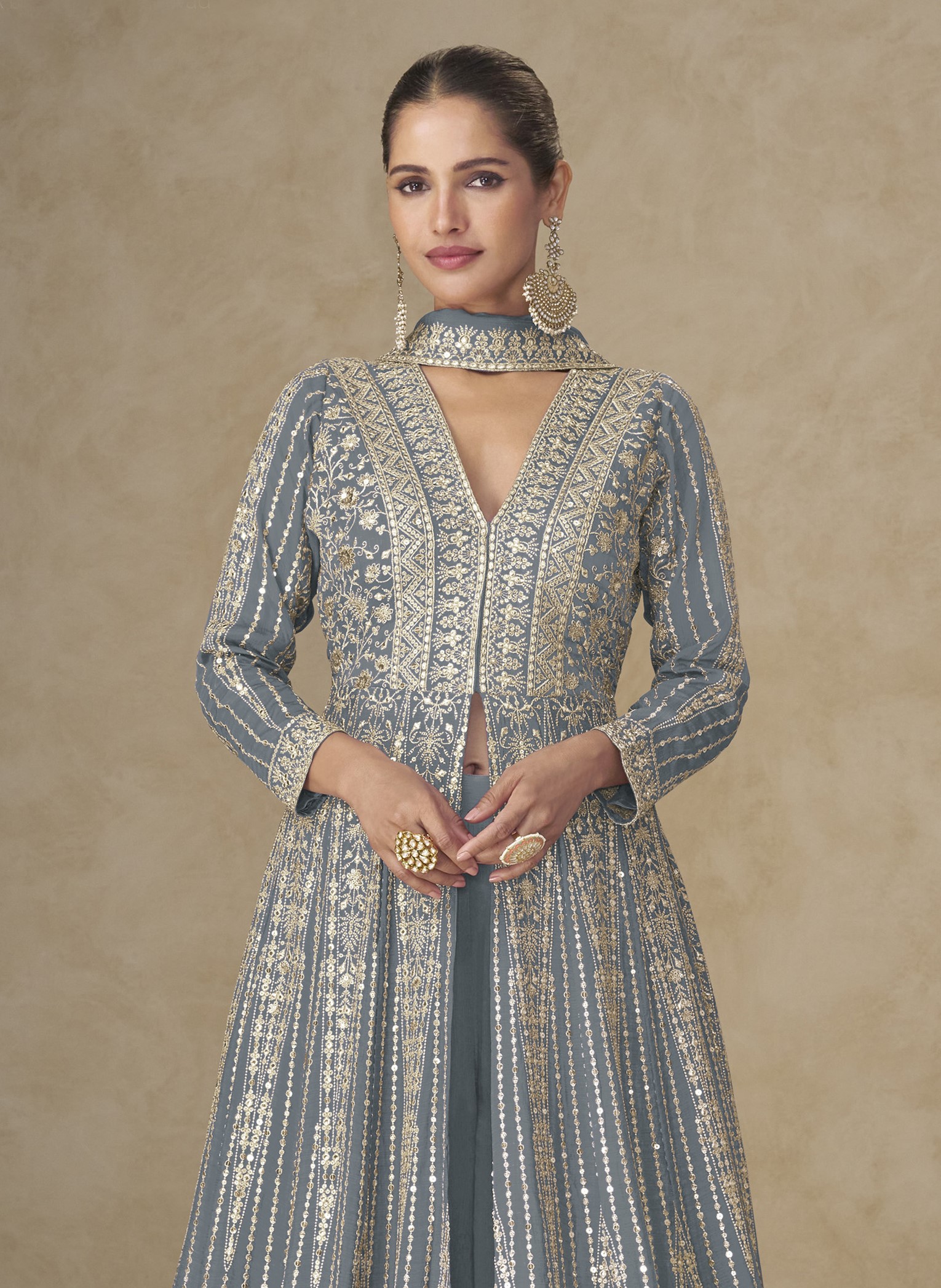 Grey Heavy Embroidered Chinon Anarkali Suit — alternate view