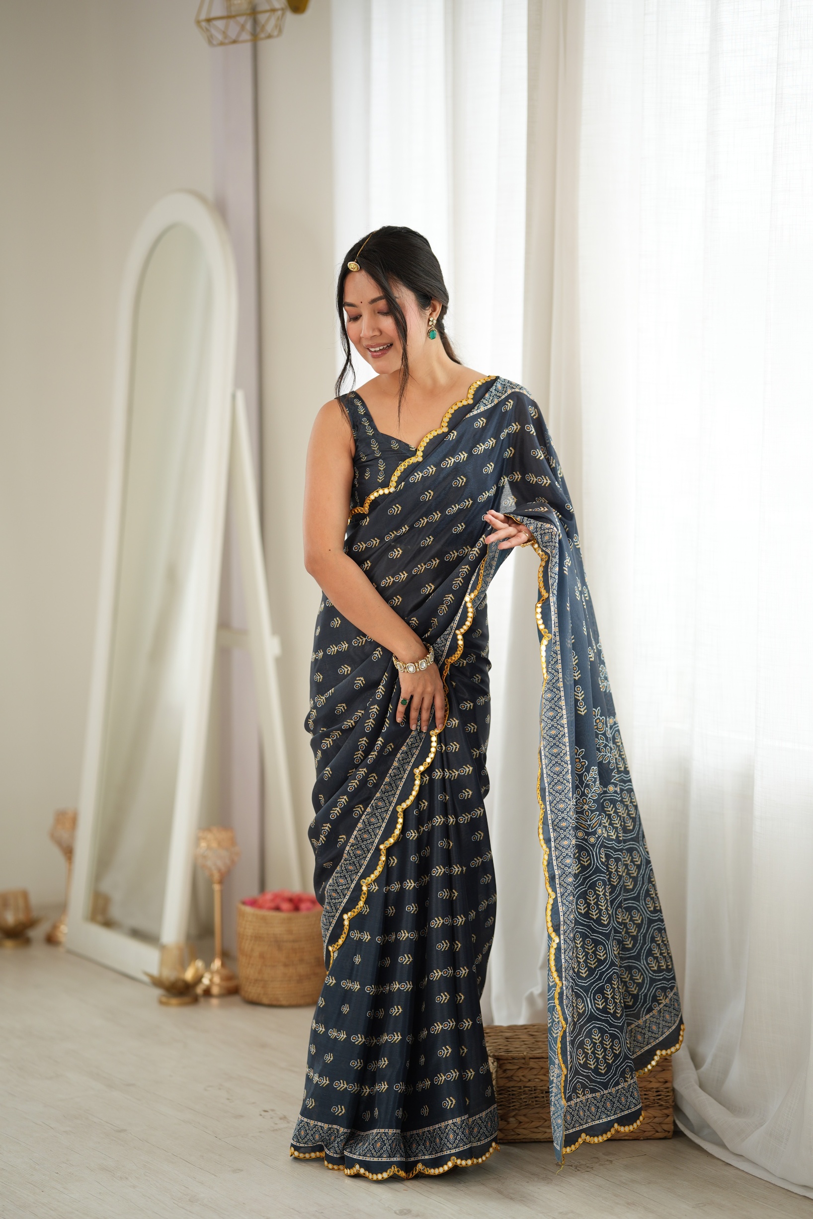Grey Heritage Digital Printed Chinon Saree