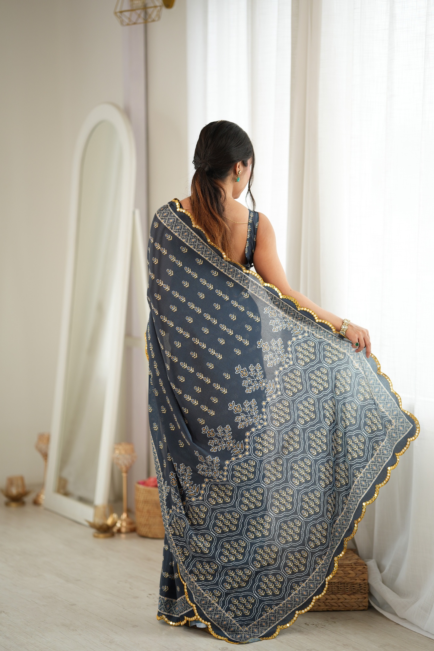 Grey Heritage Digital Printed Chinon Saree — alternate view