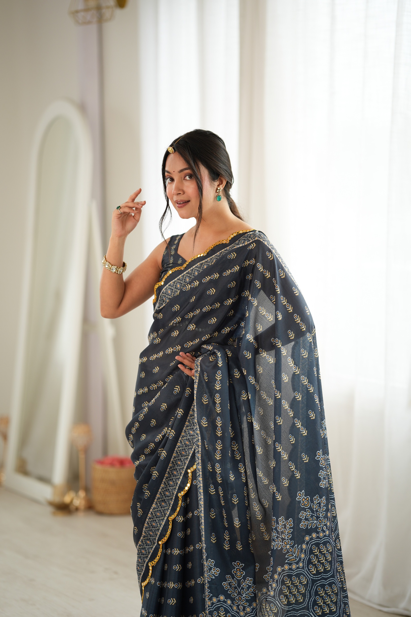 Grey Heritage Digital Printed Chinon Saree