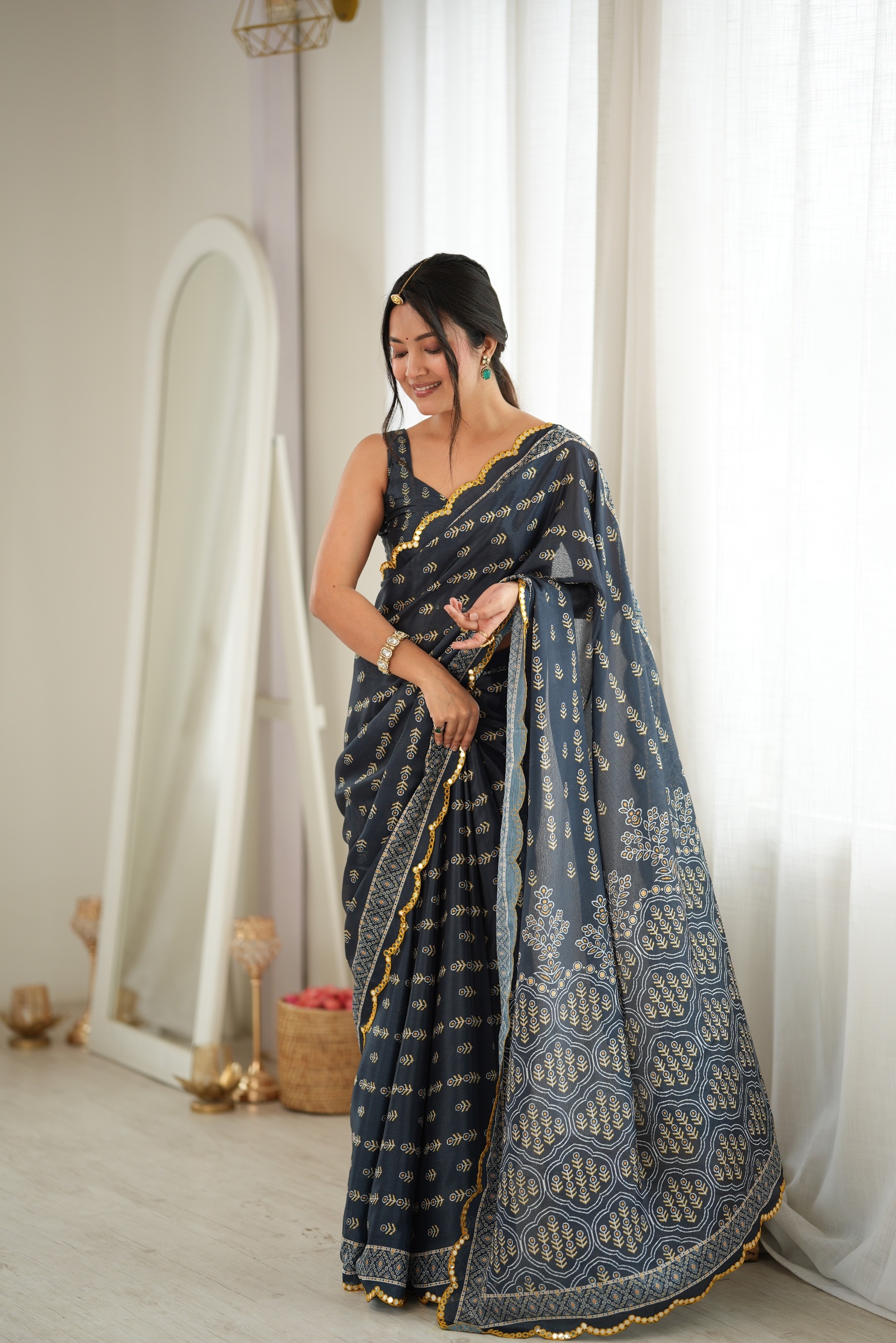 Grey Heritage Digital Printed Chinon Saree