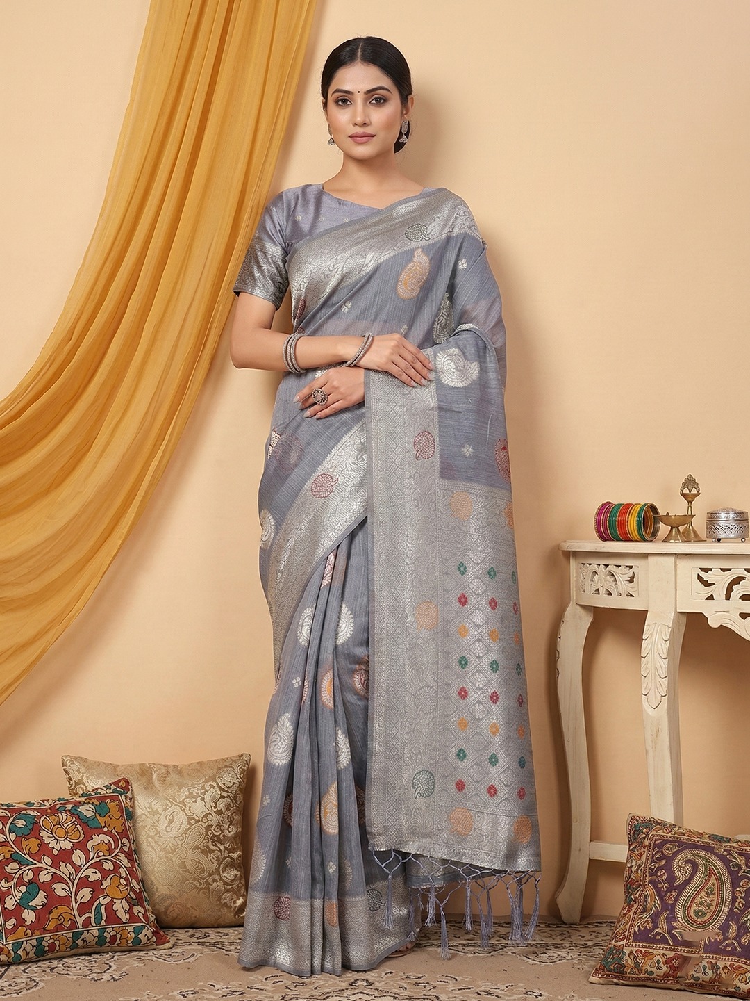 Grey Heritage Woven Linen Cotton Saree