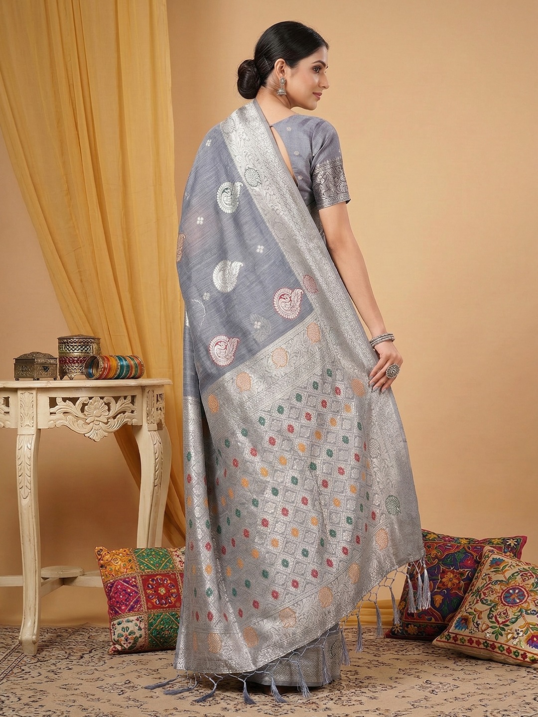 Grey Heritage Woven Linen Cotton Saree — alternate view