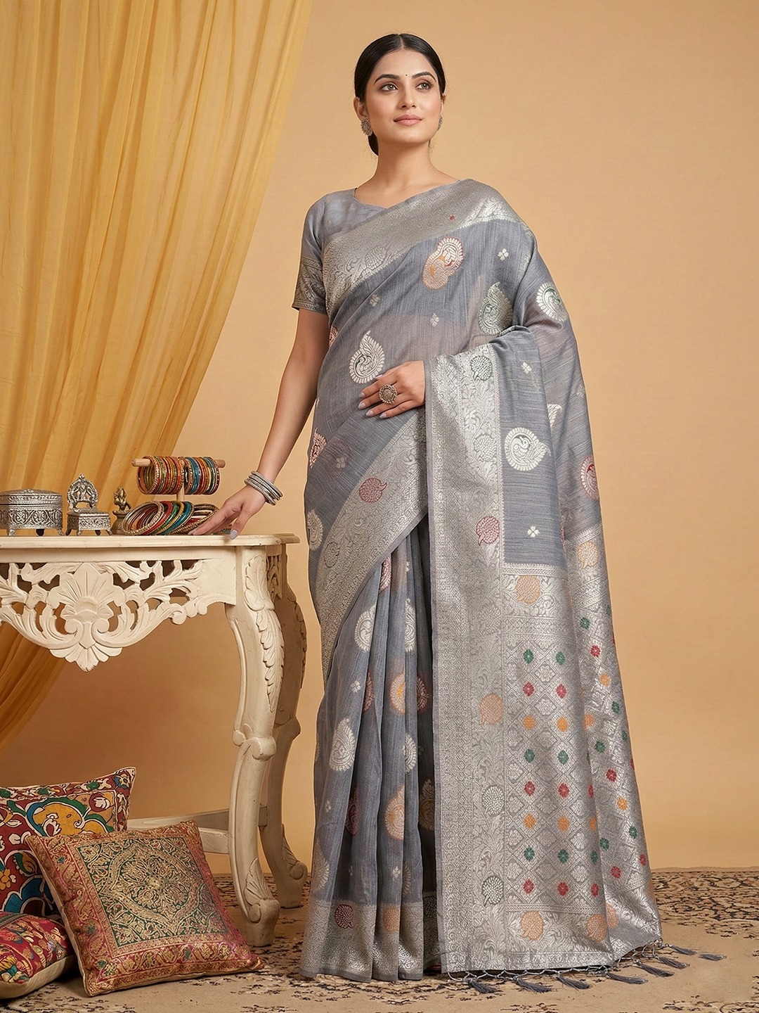 Grey Heritage Woven Linen Cotton Saree
