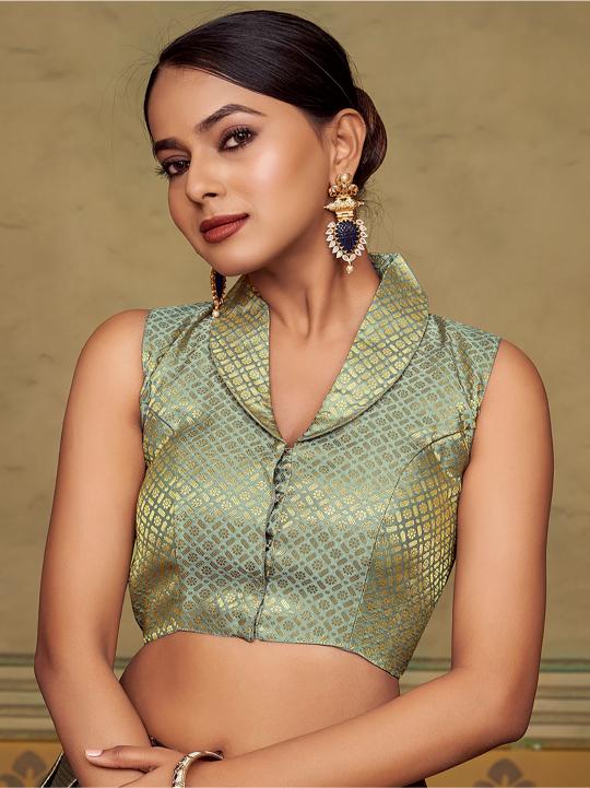 Grey Jacquard Banarasi Silk Shirt Collar Saree Blouse