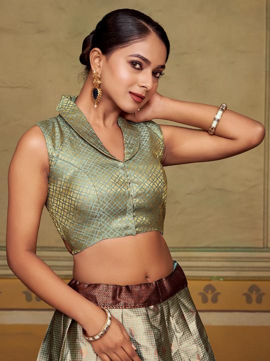 Grey Jacquard Banarasi Silk Shirt Collar Saree Blouse