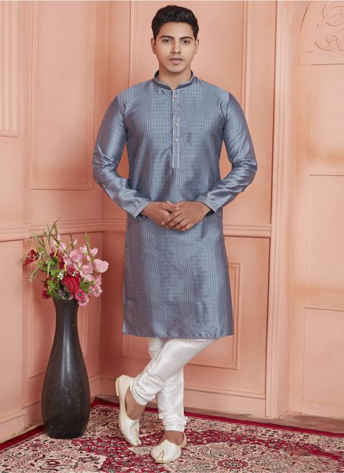 Grey Jacquard Silk Embroidered Kurta Pyjama