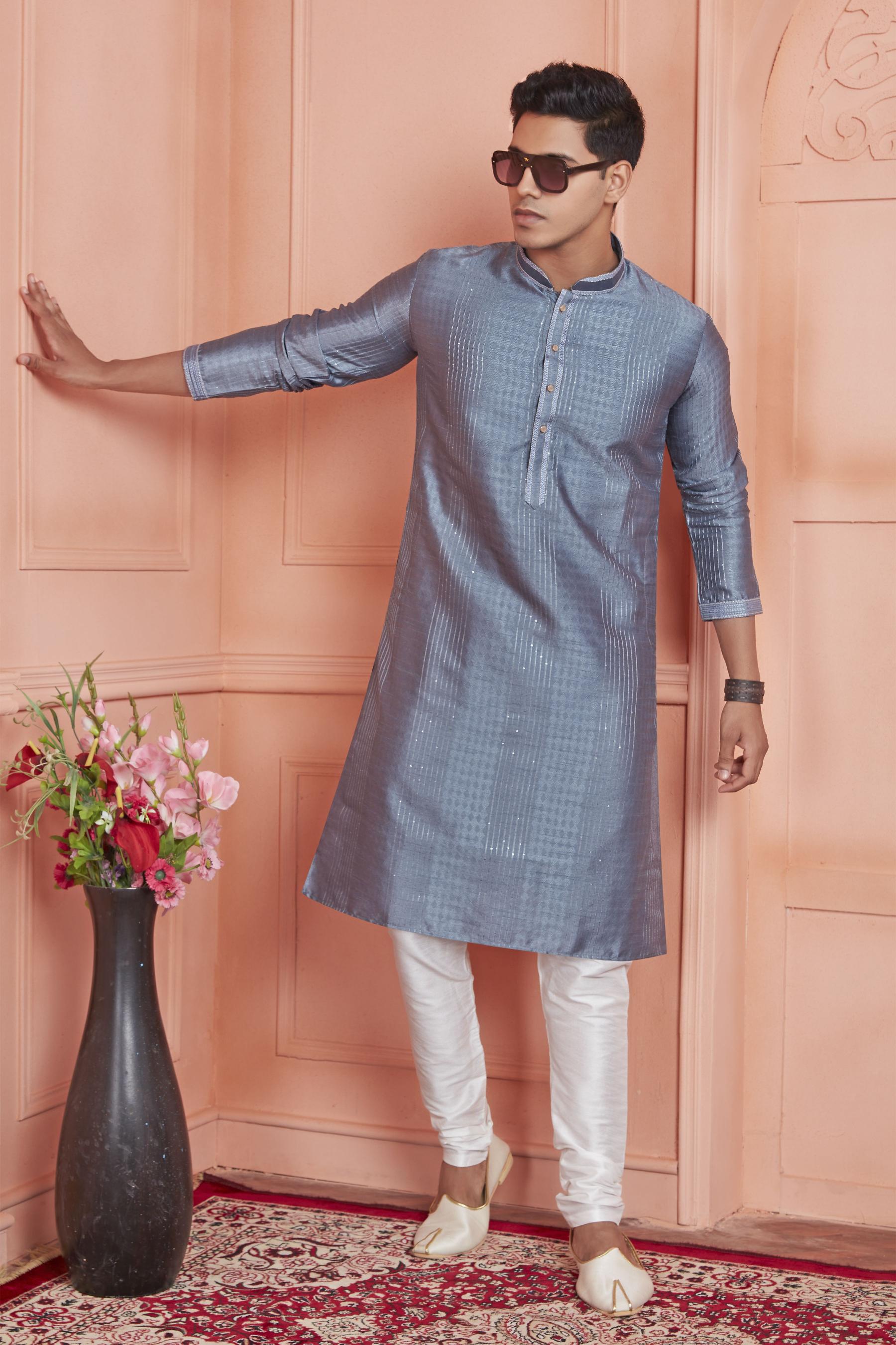 Grey Jacquard Silk Embroidered Kurta Pyjama — alternate view