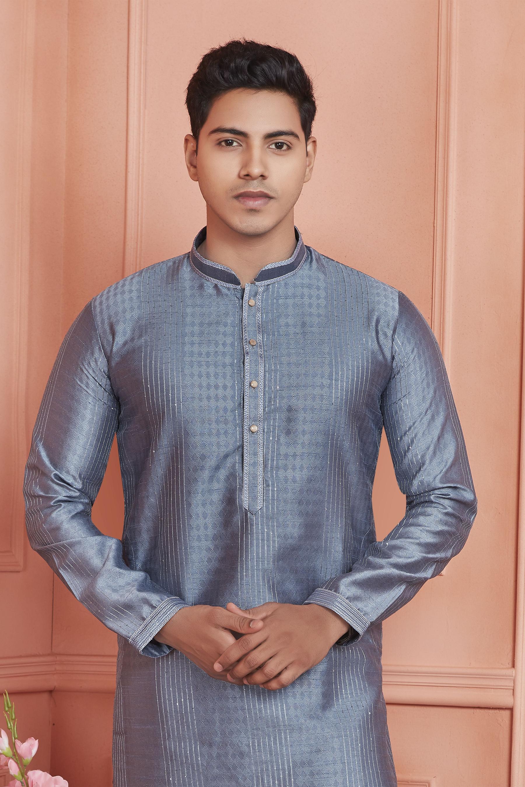 Grey Jacquard Silk Embroidered Kurta Pyjama