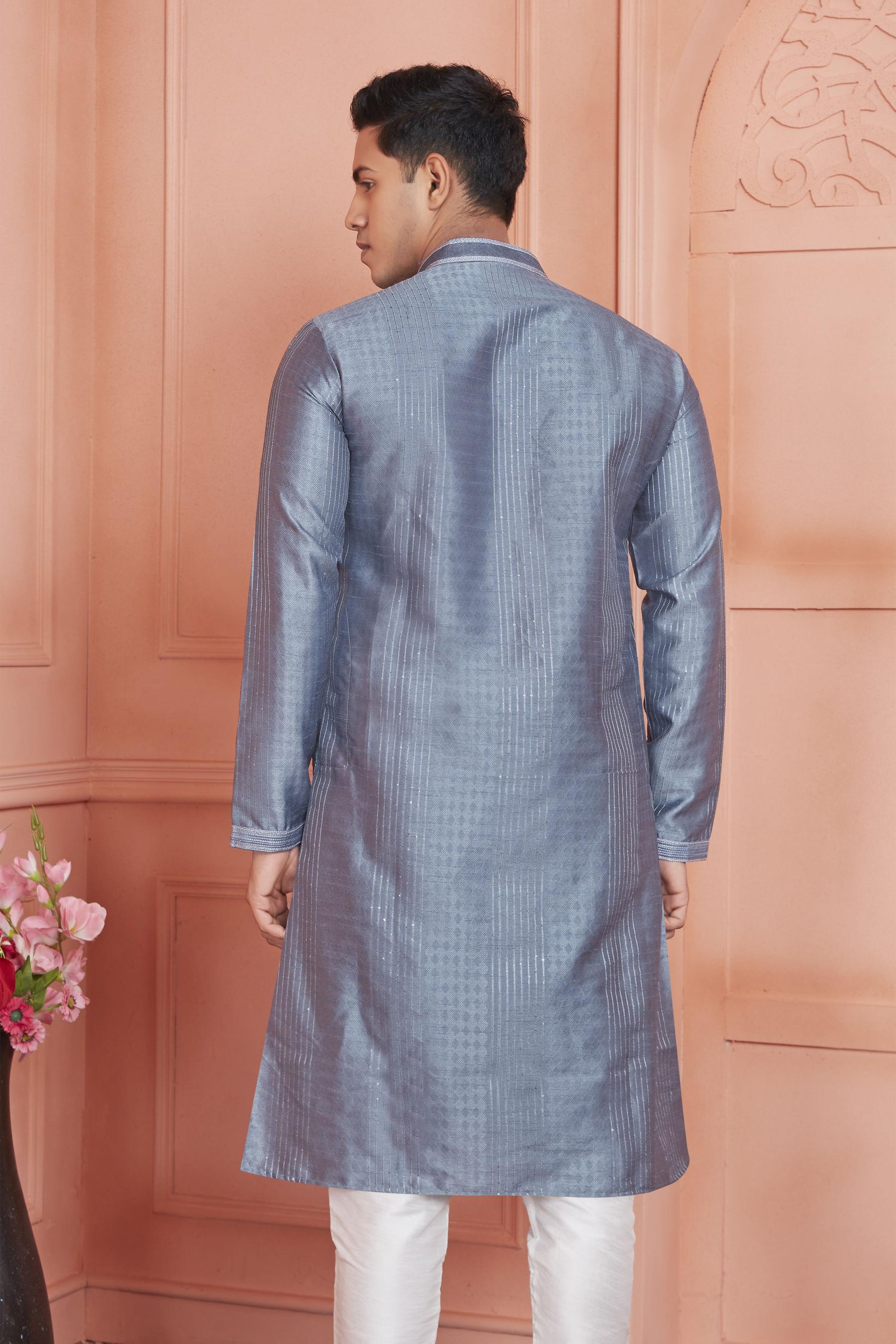 Grey Jacquard Silk Embroidered Kurta Pyjama