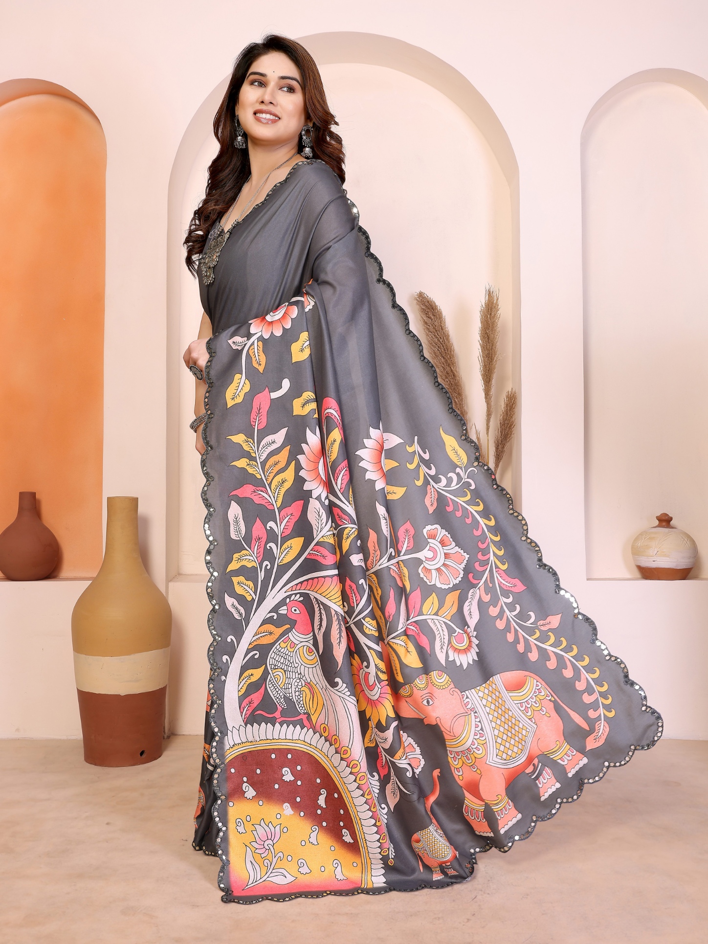 Grey Kalamkari Digital Print Manipuri Silk Party Wear Saree