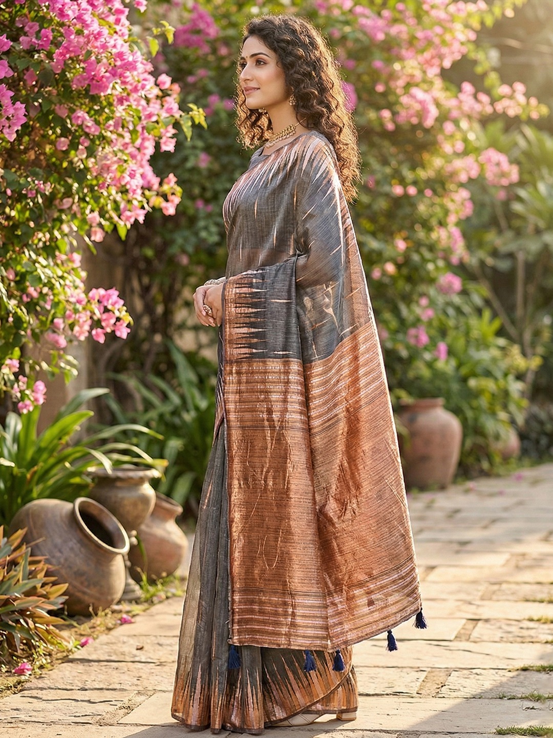 Grey Linen Cotton Woven Designer Saree