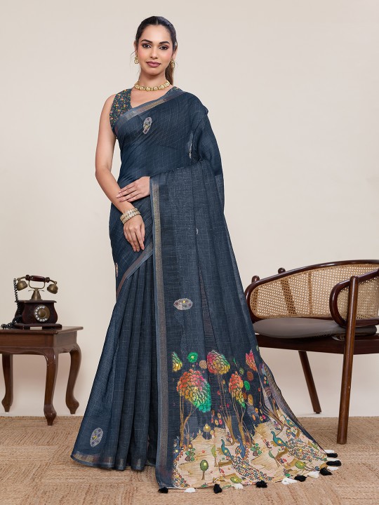Grey Linen Silk Printed Zari Designer Saree