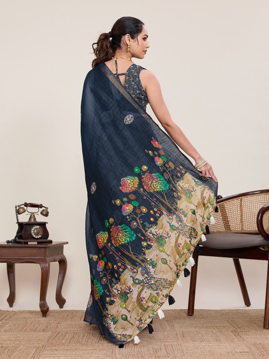Grey Linen Silk Printed Zari Designer Saree — alternate view