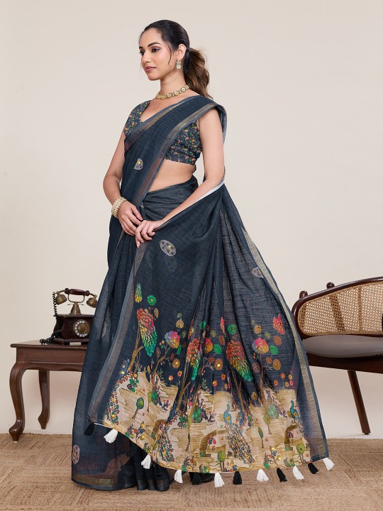 Grey Linen Silk Printed Zari Designer Saree