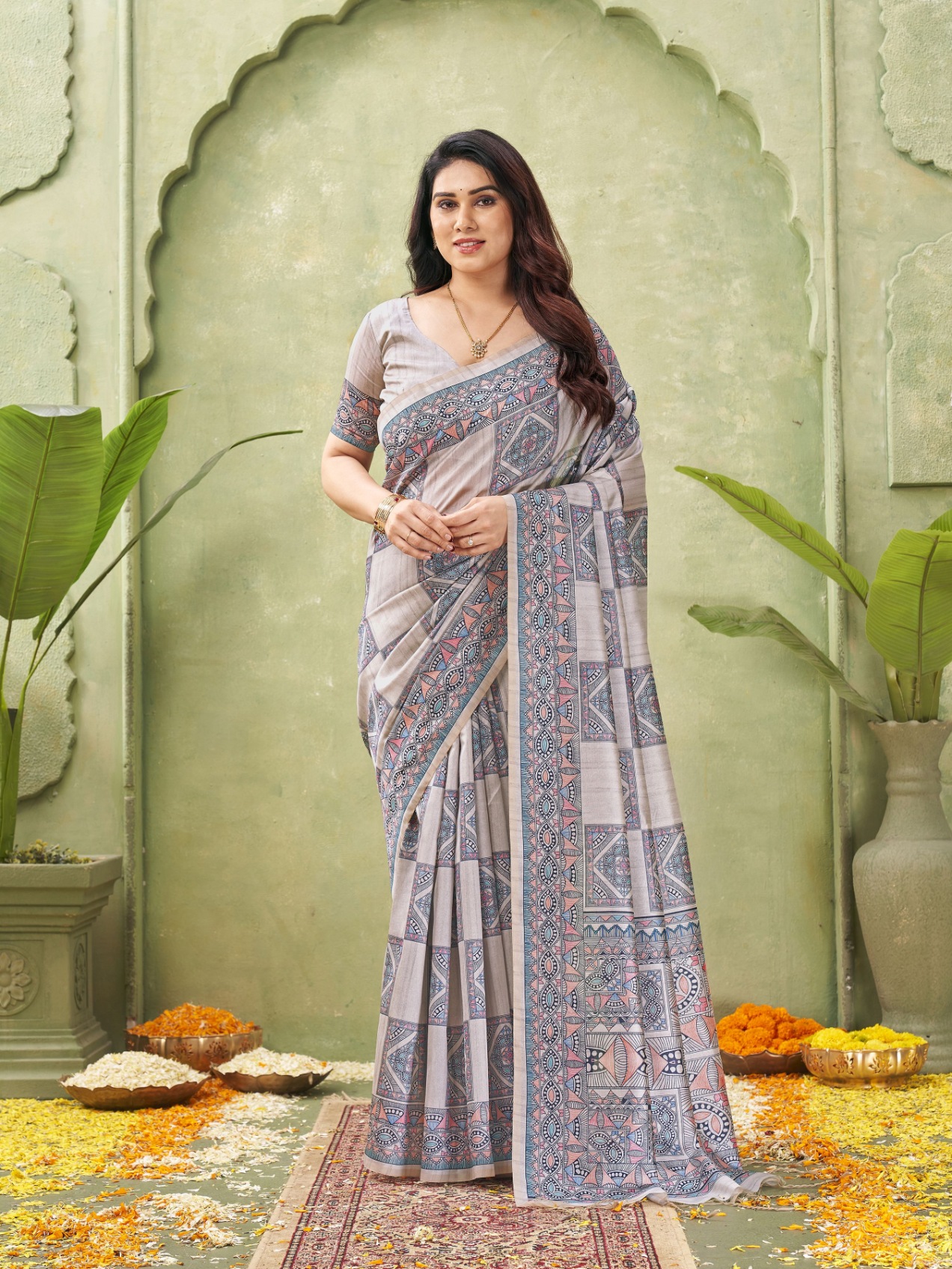 Grey Madhubani Printed Tussar Silk Saree