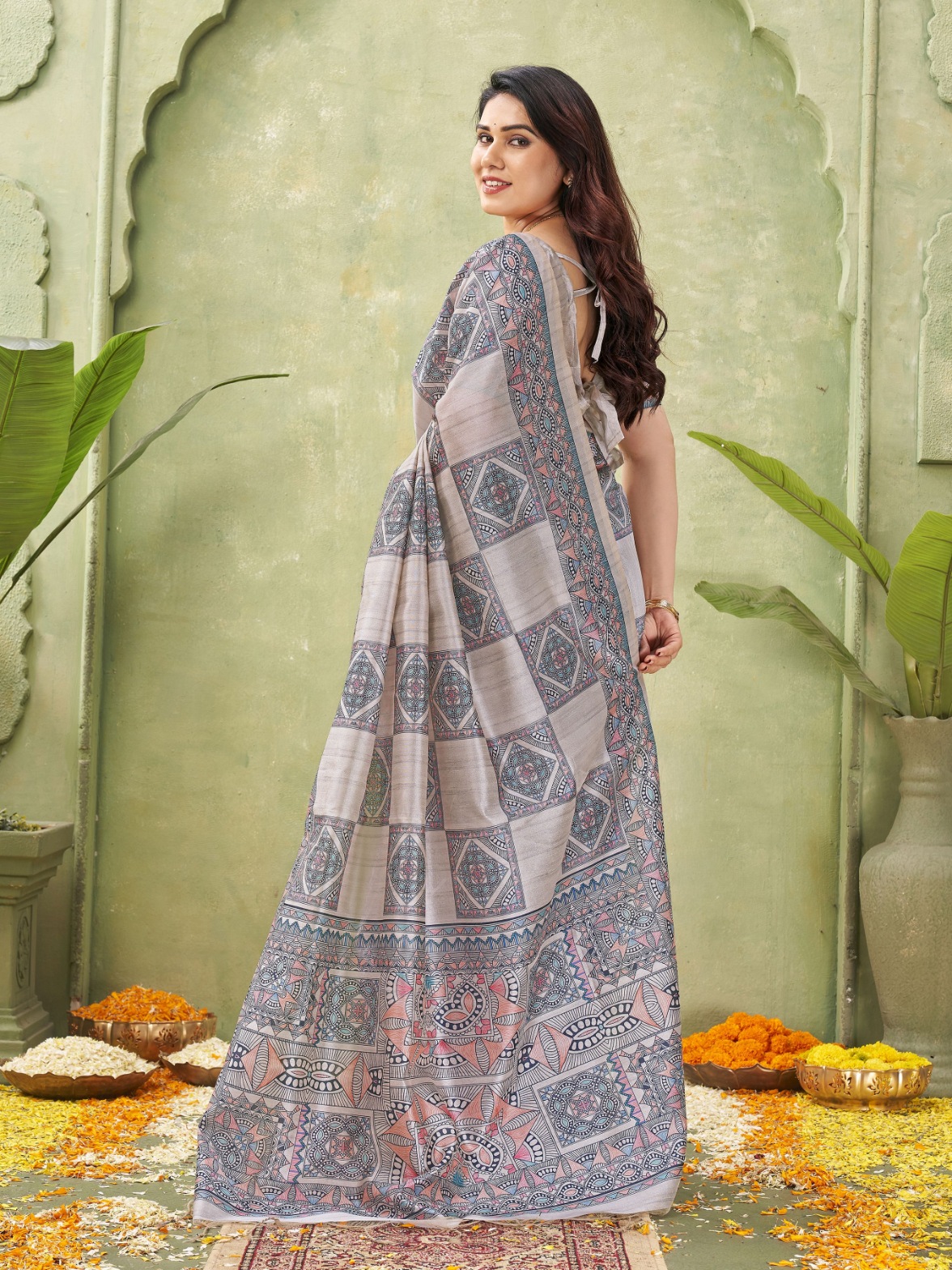 Grey Madhubani Printed Tussar Silk Saree — alternate view